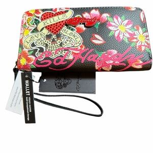 Ed Hardy Black Wallet with Floral and Heart Design